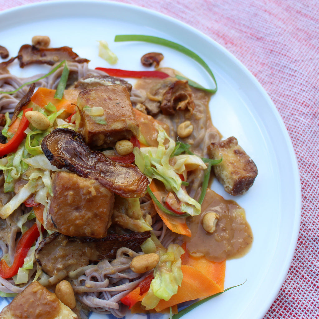 Easy Soba Noodles with Matsutake Mushrooms and Peanut Sauce